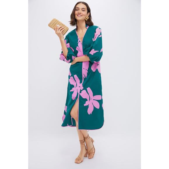 HYACINTH HOUSE Hunter Green & Pink Floral Arem Caftan Size M NWT - Picture 4 of 8